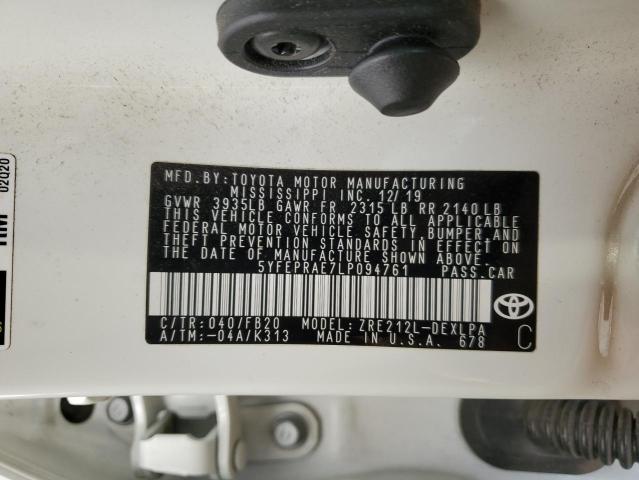 5YFEPRAE7LP094761 - 2020 TOYOTA COROLLA LE Ақ фото 12