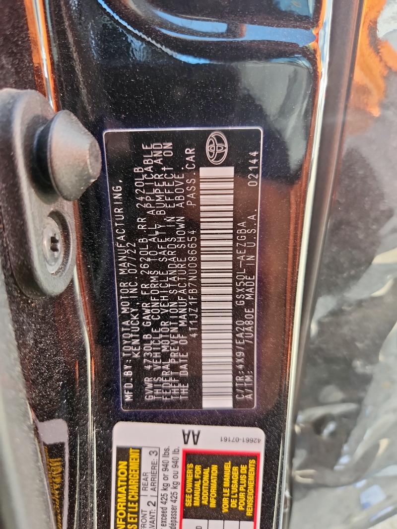 4T1JZ1FB7NU086654 - 2022 TOYOTA AVALON XLE Қара фото 12