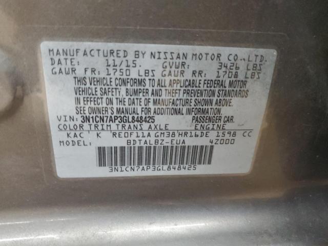 3N1CN7AP3GL848425 - 2016 NISSAN VERSA S GRAY photo 12