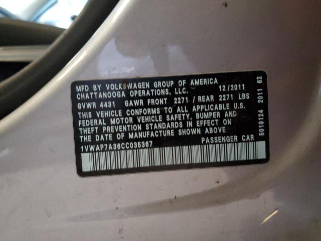 1VWAP7A36CC035367 - 2012 VOLKSWAGEN PASSAT S SILVER photo 12