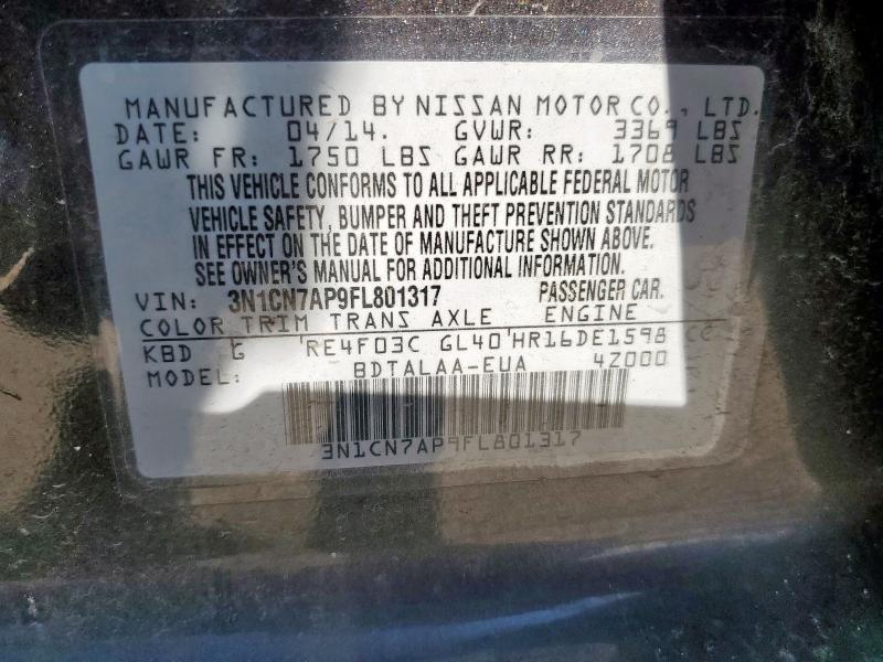 3N1CN7AP9FL801317 - 2015 NISSAN VERSA S GRAY photo 12