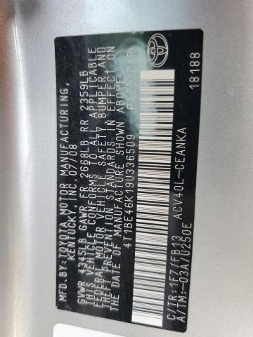 4T1BE46K19U336509 - 2009 TOYOTA CAMRY BASE SILVER photo 12