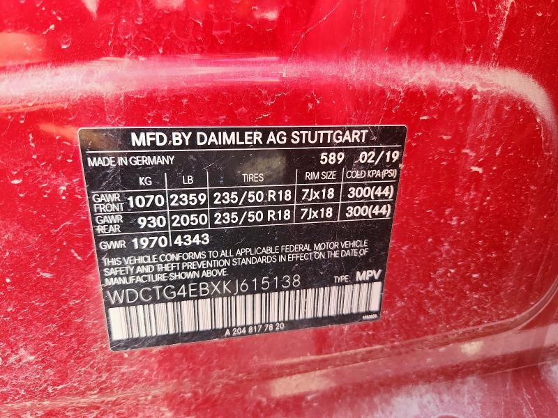 WDCTG4EBXKJ615138 - 2019 MERCEDES-BENZ GLA 250 Rojo foto 13