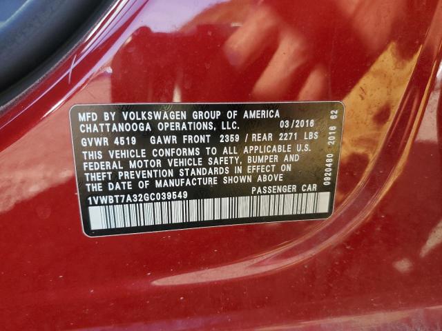 1VWBT7A32GC039549 - 2016 VOLKSWAGEN PASSAT SE RED photo 12