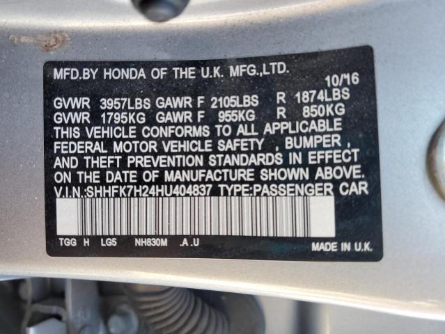 SHHFK7H24HU404837 - 2017 HONDA CIVIC LX SILVER photo 12