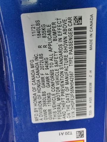 2HGFE2F56NH542587 - 2022 HONDA CIVIC SPORT BLUE photo 12