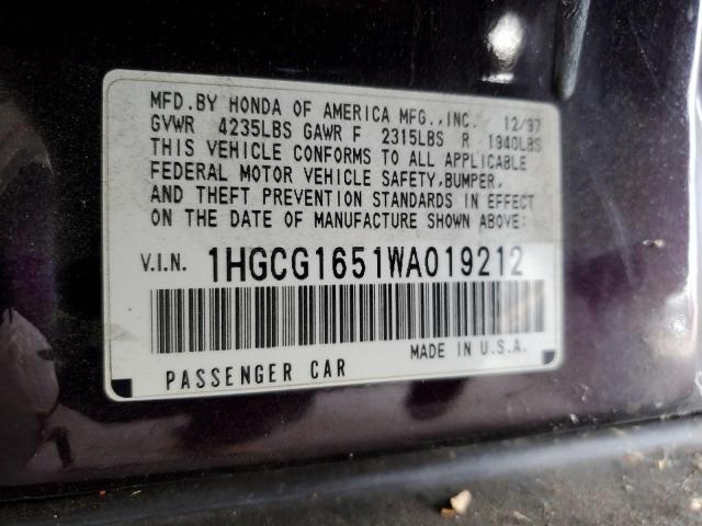 1HGCG1651WA019212 - 1998 HONDA ACCORD EX Violet photo 12