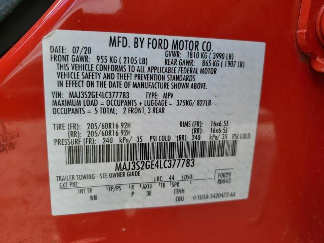 MAJ3S2GE4LC377783 - 2020 FORD ECOSPORT SE წითელი ფოტო 13