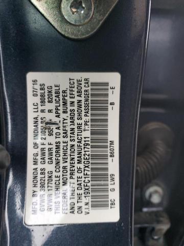 19XFC1F7XGE217911 - 2016 HONDA CIVIC EXL ლურჯი ფოტო 12