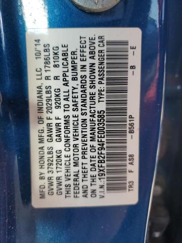 19XFB2F94FE003585 - 2015 HONDA CIVIC EXL ლურჯი ფოტო 12