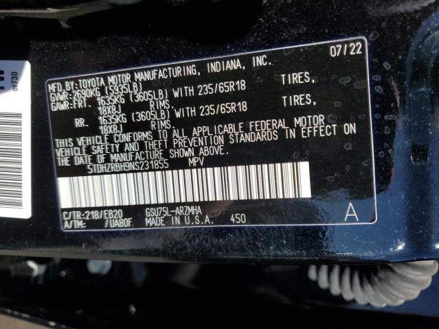 5TDHZRBH9NS231855 - 2022 TOYOTA HIGHLANDER XLE BLACK photo 14