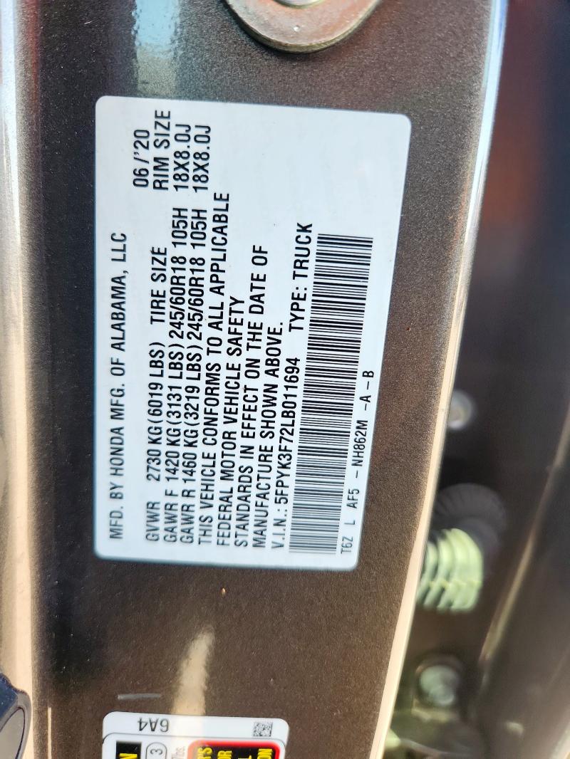 5FPYK3F72LB011694 - 2020 HONDA RIDGELINE RTL Қоңыр фото 12