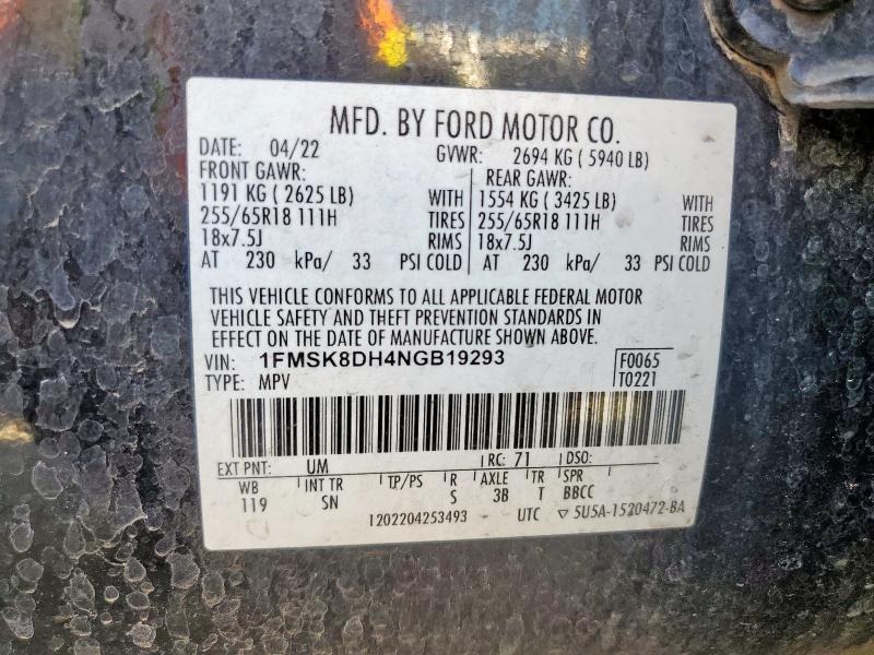 1FMSK8DH4NGB19293 - 2022 FORD EXPLORER XLT BLACK photo 14