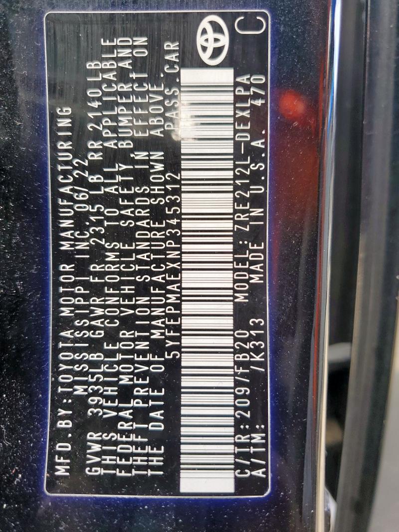 5YFEPMAEXNP345312 - 2022 TOYOTA COROLLA LE შავი ფოტო 12