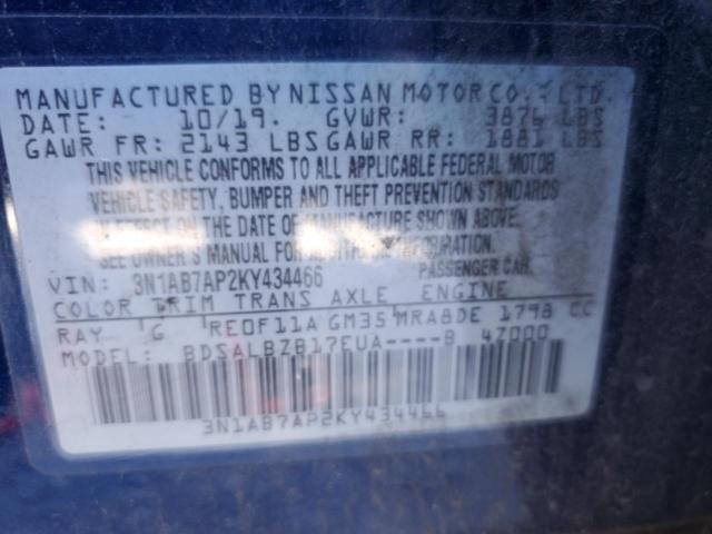 3N1AB7AP2KY434466 - 2019 NISSAN SENTRA S BLUE photo 12