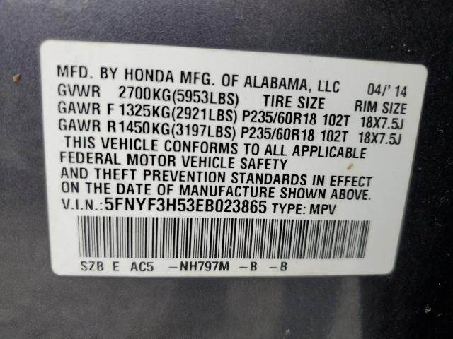 5FNYF3H53EB023865 - 2014 HONDA PILOT EXL GRAY photo 13