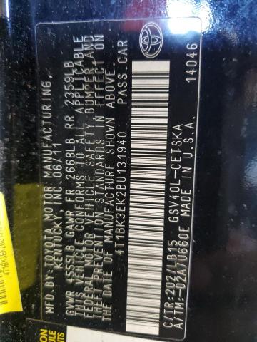 4T1BK3EK2BU131940 - 2011 TOYOTA CAMRY SE 黑色 照片 12