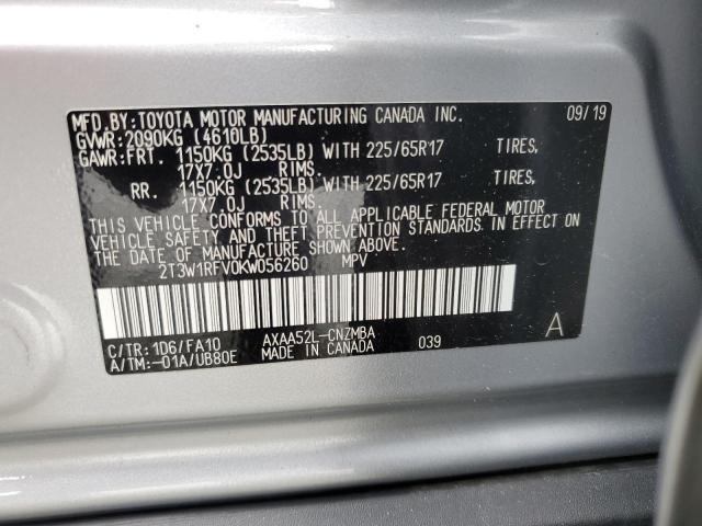 2T3W1RFV0KW056260 - 2019 TOYOTA RAV4 XLE SILVER photo 13