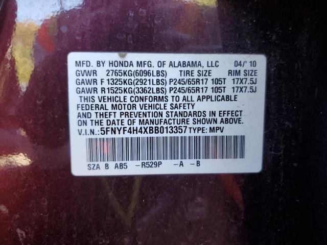 5FNYF4H4XBB013357 - 2011 HONDA PILOT EX Bordo foto 13