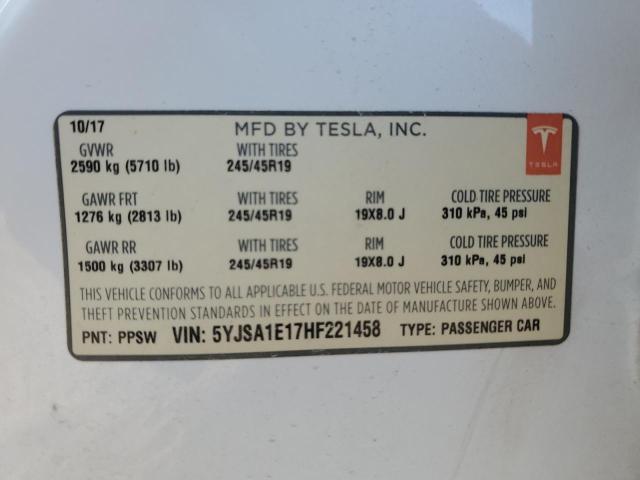 5YJSA1E17HF221458 - 2017 TESLA MODEL S WHITE photo 13