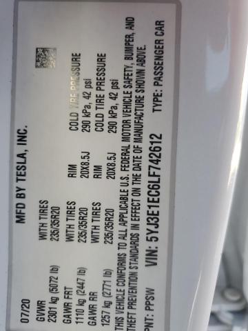 5YJ3E1EC6LF742612 - 2020 TESLA MODEL 3 Білий фото 12