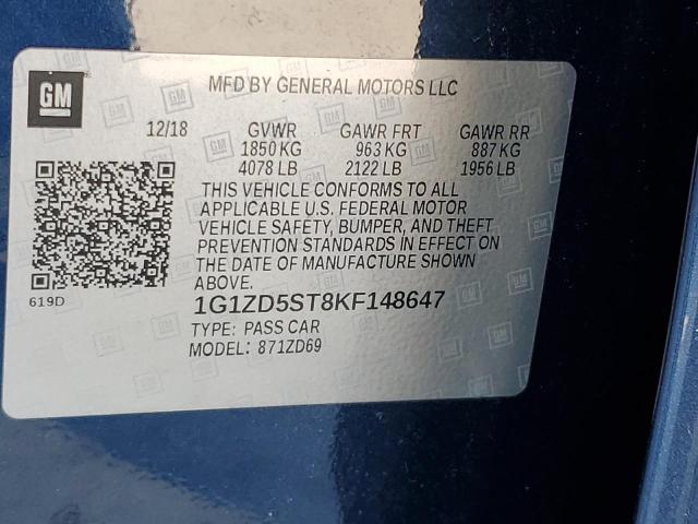 1G1ZD5ST8KF148647 - 2019 CHEVROLET MALIBU LT Azul foto 12