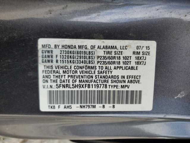 5FNRL5H9XFB119778 - 2015 HONDA ODYSSEY TOURING GRAY photo 13
