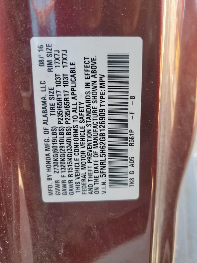 5FNRL5H62GB126909 - 2016 HONDA ODYSSEY EXL BURGUNDY photo 13