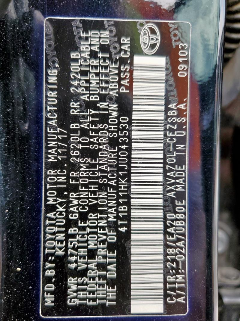 4T1B11HK1JU043530 - 2018 TOYOTA CAMRY L 黑色 照片 13