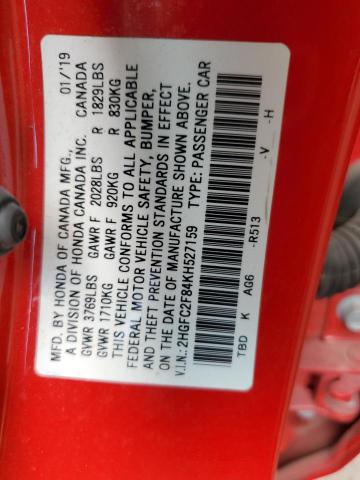 2HGFC2F84KH527159 - 2019 HONDA CIVIC SPORT 红色 照片 12