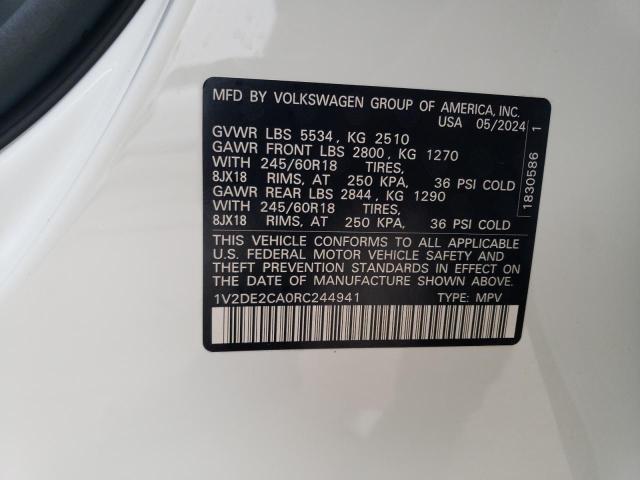 1V2DE2CA0RC244941 - 2024 VOLKSWAGEN ATLAS CROS SE Білий фото 13