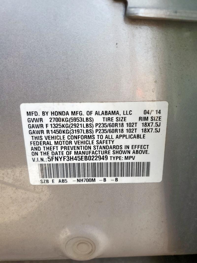 5FNYF3H45EB022949 - 2014 HONDA PILOT EX SILVER photo 13