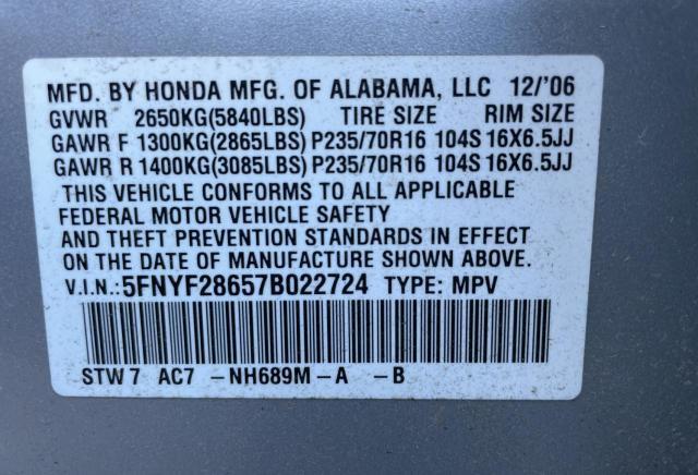 5FNYF28657B022724 - 2007 HONDA PILOT EXL SILVER photo 10