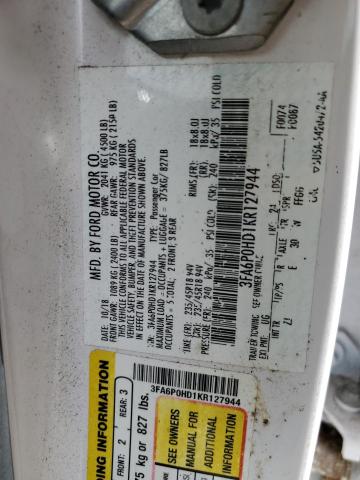 3FA6P0HD1KR127944 - 2019 FORD FUSION SE WHITE photo 12