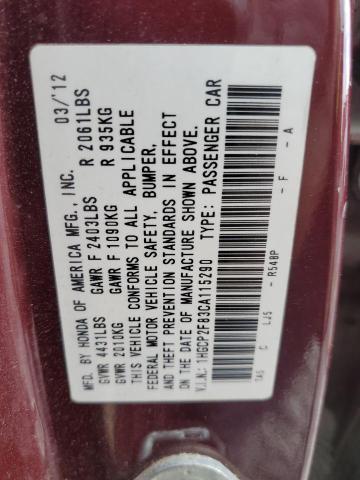1HGCP2F83CA115290 - 2012 HONDA ACCORD EXL BURGUNDY photo 12