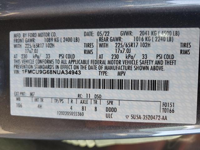 1FMCU9G68NUA34943 - 2022 FORD ESCAPE SE GRAY photo 14