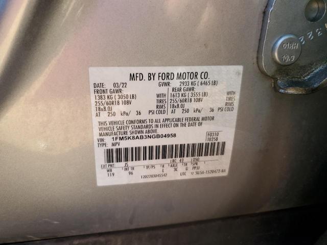 1FM5K8AB3NGB04958 - 2022 FORD EXPLORER POLICE INTERCEPTOR ვერცხლისფერი ფოტო 12