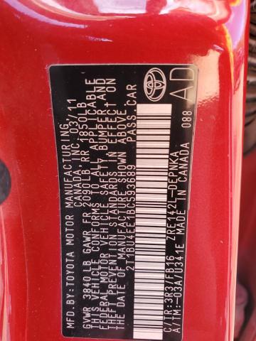 2T1BU4EE1BC593689 - 2011 TOYOTA COROLLA BASE أحمر صورة 12