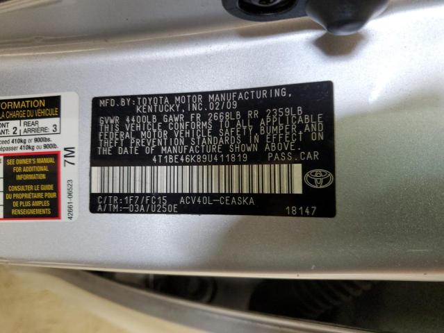4T1BE46K89U411819 - 2009 TOYOTA CAMRY BASE 银色 照片 12
