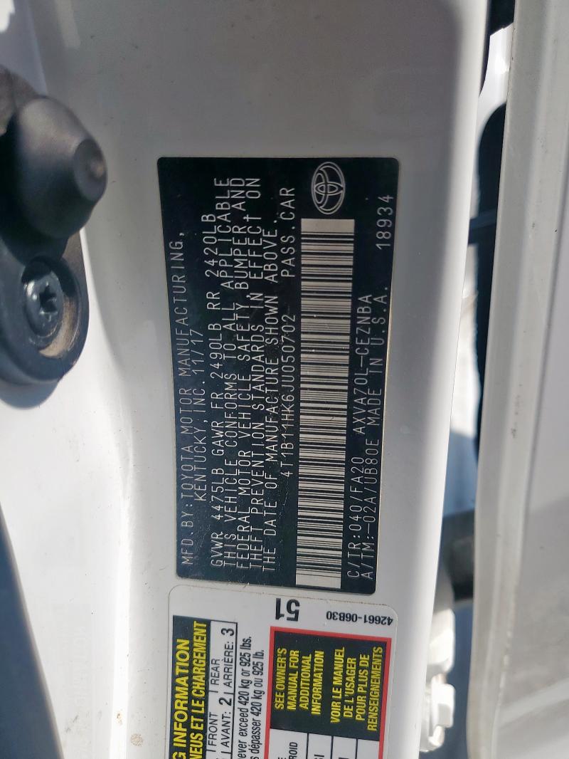 4T1B11HK6JU050702 - 2018 TOYOTA CAMRY L WHITE photo 12