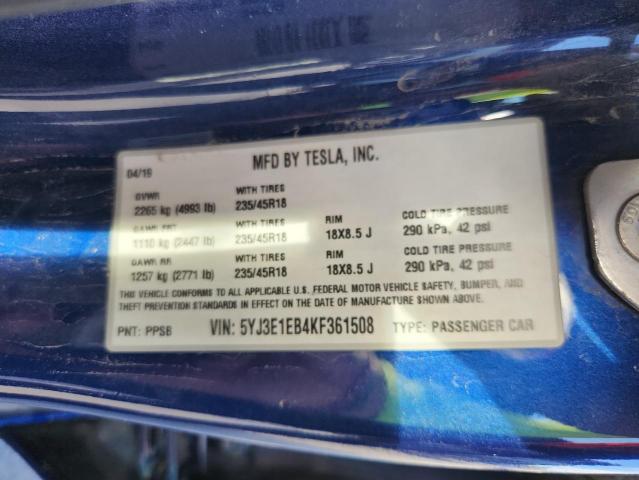 5YJ3E1EB4KF361508 - 2019 TESLA MODEL 3 Azul foto 12
