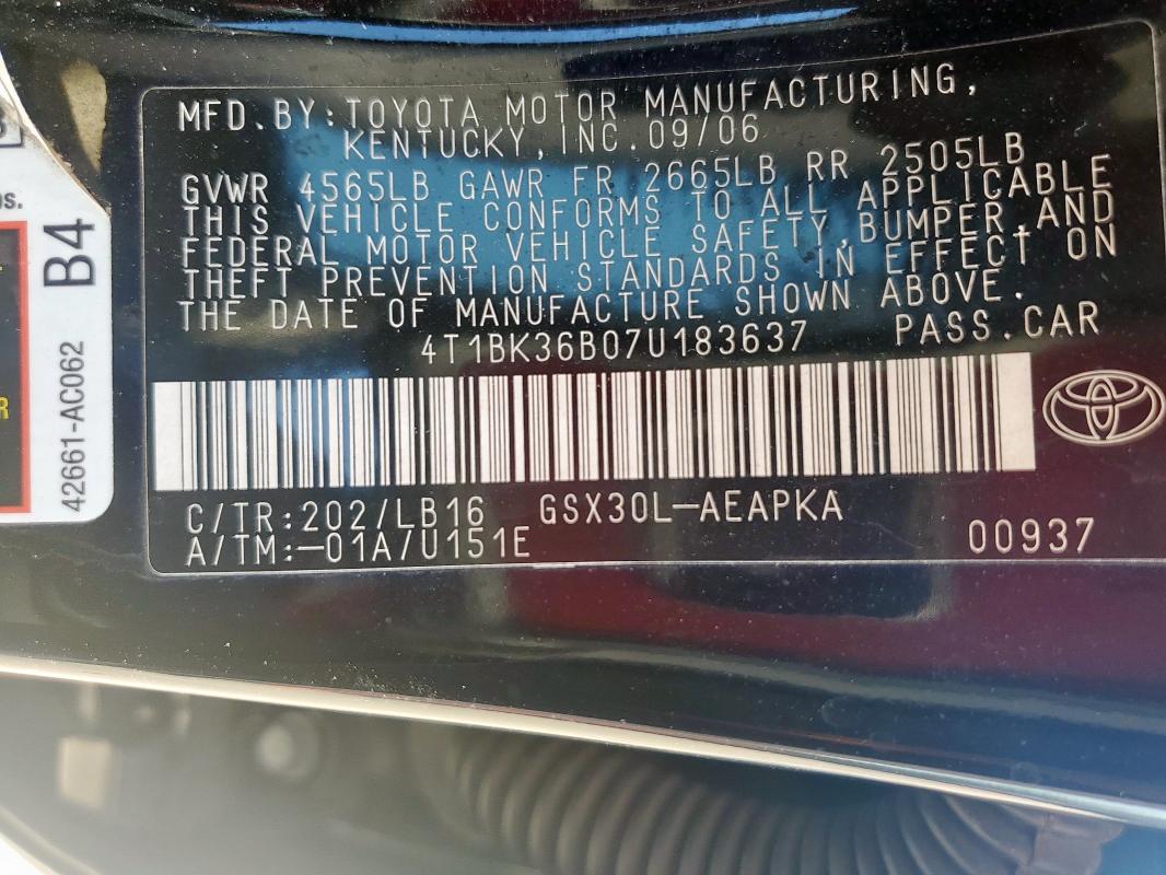 4T1BK36B07U183637 - 2007 TOYOTA AVALON XL 黑色 照片 12