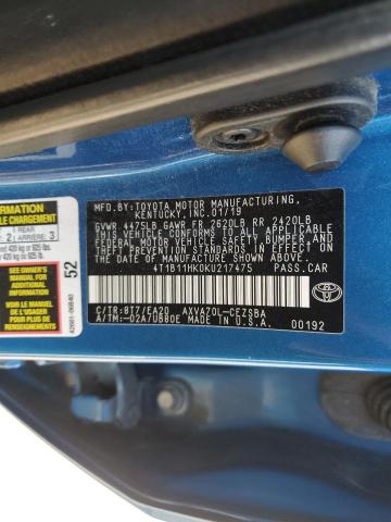 4T1B11HK0KU217475 - 2019 TOYOTA CAMRY L 蓝色 照片 12