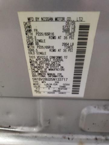5N1BV28U25N133717 - 2005 NISSAN QUEST S SILVER photo 13