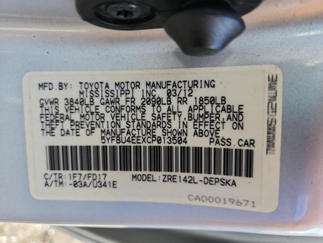 5YFBU4EEXCP013504 - 2012 TOYOTA COROLLA BASE Արծաթագույն լուսանկար 13