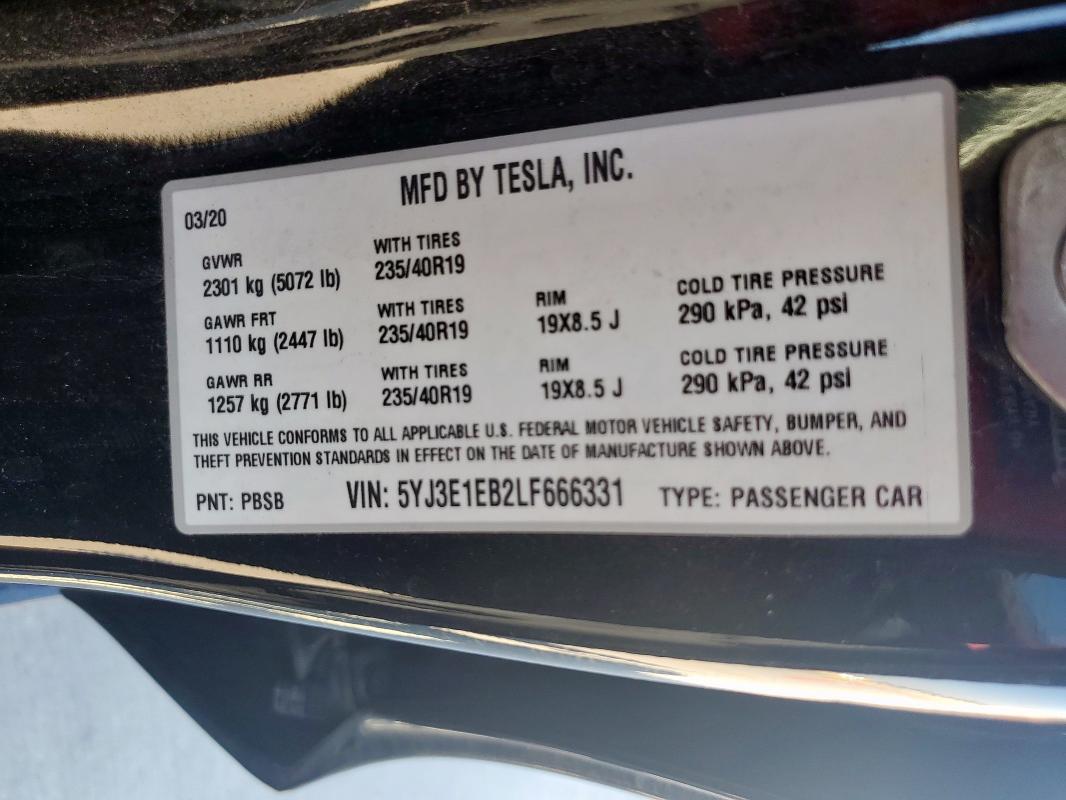5YJ3E1EB2LF666331 - 2020 TESLA MODEL 3 Սև լուսանկար 13