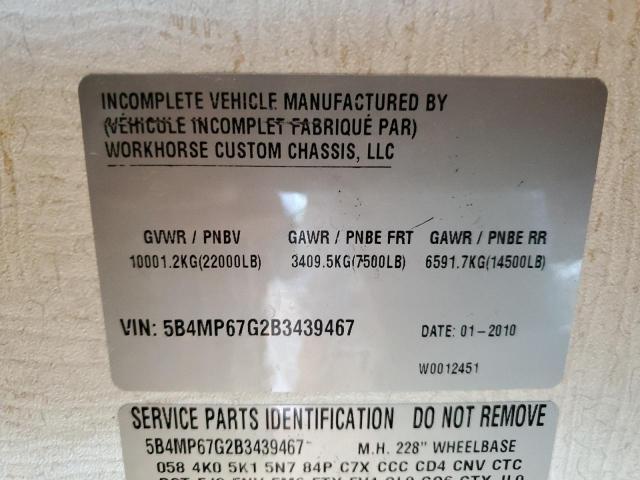 5B4MP67G2B3439467 - 2010 FTWD MOTORHOME W22 BEIGE photo 10