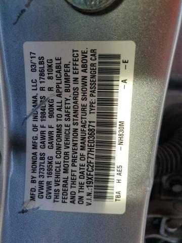 19XFC2F77HE036871 - 2017 HONDA CIVIC EX SILVER photo 12
