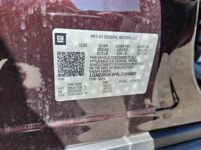 1GNERGKW9LJ194880 - 2020 CHEVROLET TRAVERSE LT BURGUNDY photo 12