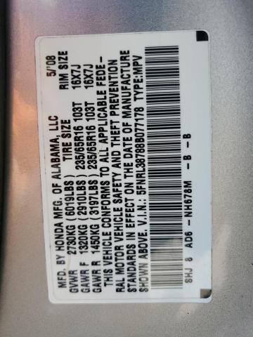 5FNRL38788B077178 - 2008 HONDA ODYSSEY EXL SILVER photo 13